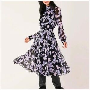 O.P.T Black Long Sleeve Floral High Neck Smock Midi Flowy Dress Size S